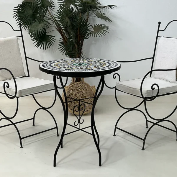 mesa y silla de hierro forjado para jardin exterior